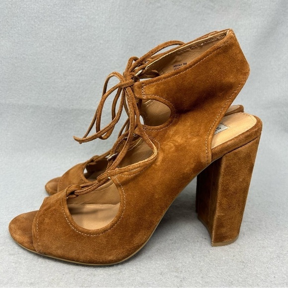 Steve Madden Aryah Brown Suede Lace Up Open Toe Heels Women’s Size 9M - Picture 2 of 12